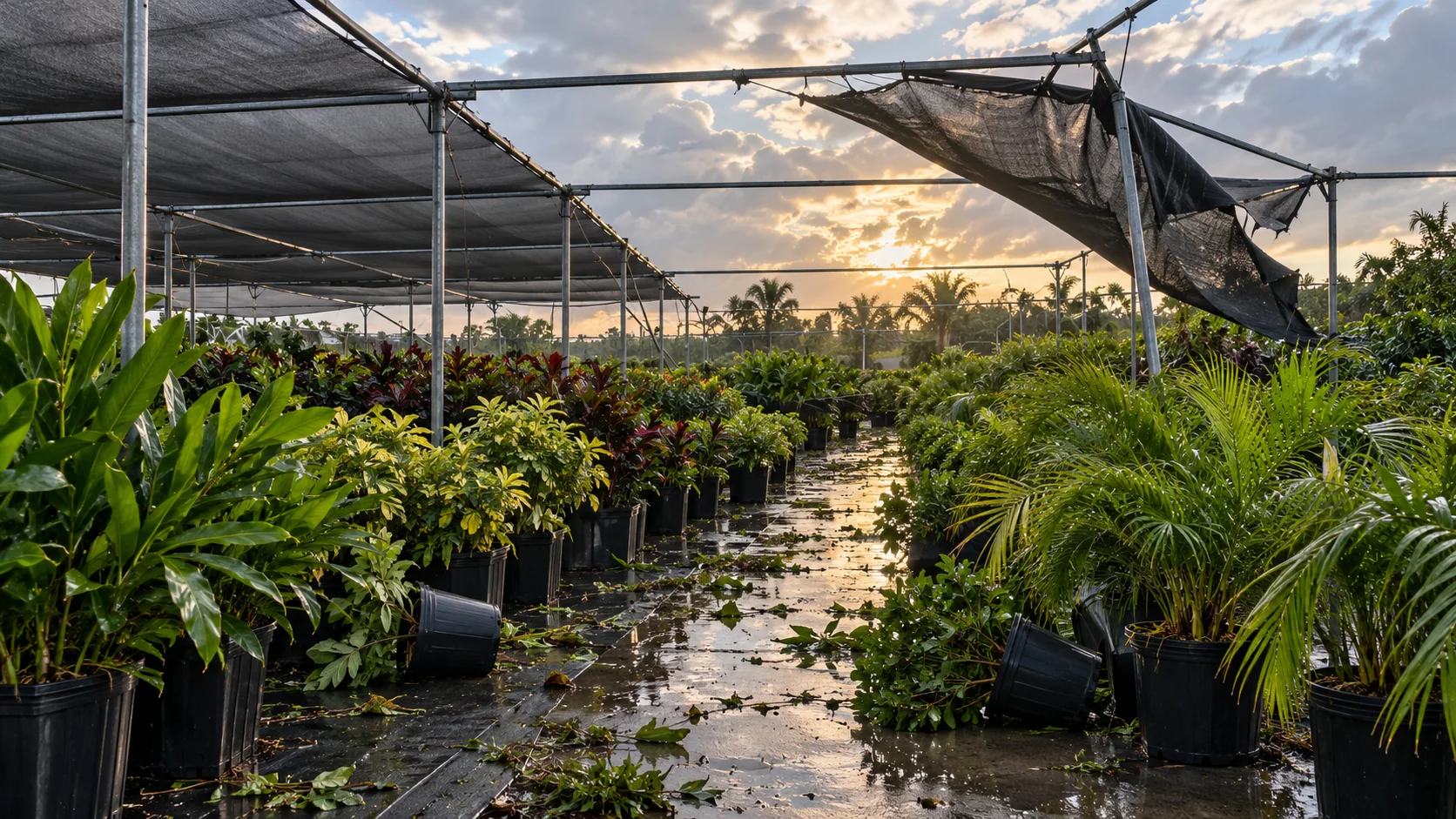 Illustrative nursery with storm-damaged shade cloth and displaced plant pots